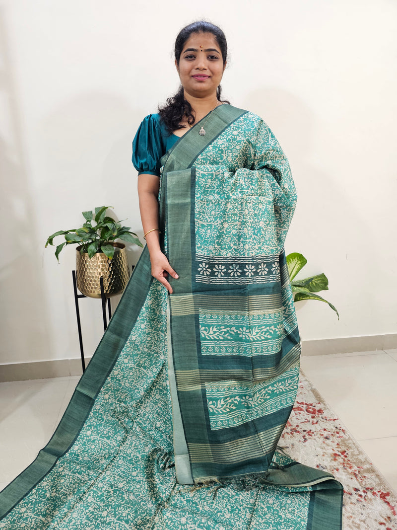 Semi Ghicha Floral Printed Saree - Dark Green