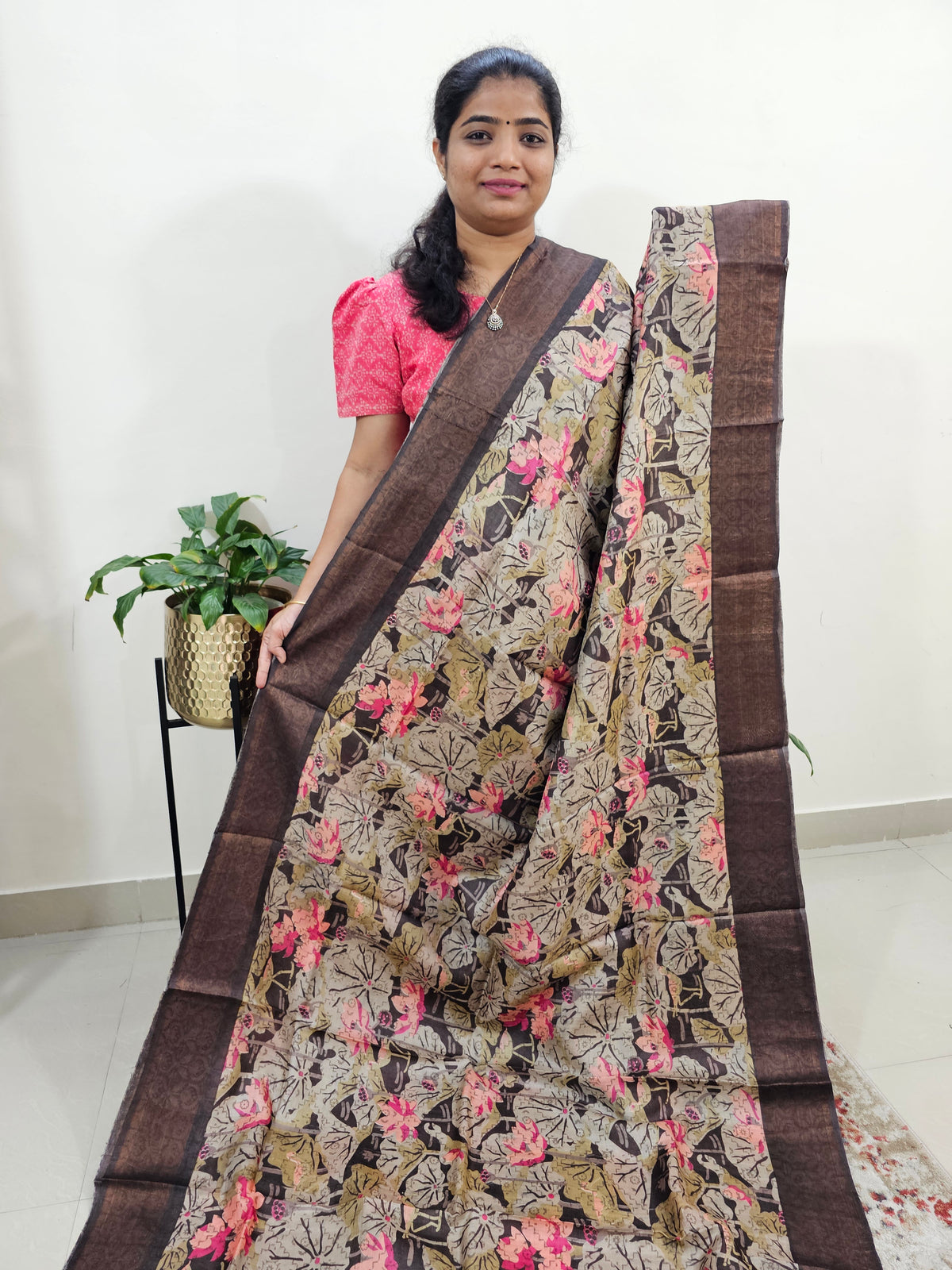 Desi Tussar - Beige with Brown