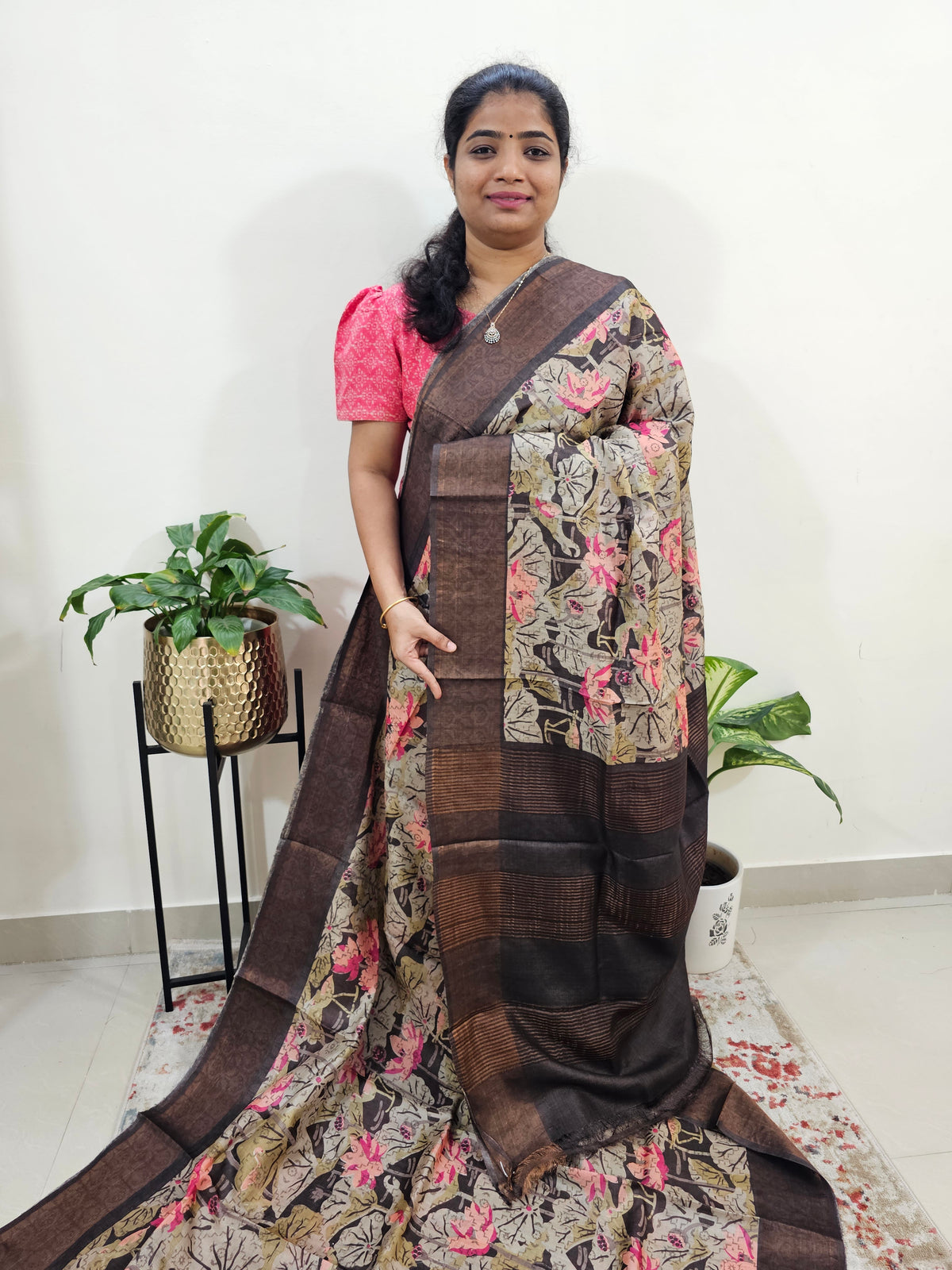 Desi Tussar - Beige with Brown