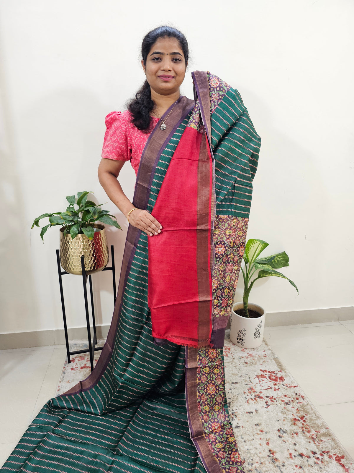 Desi Tussar - Dark Green with Red