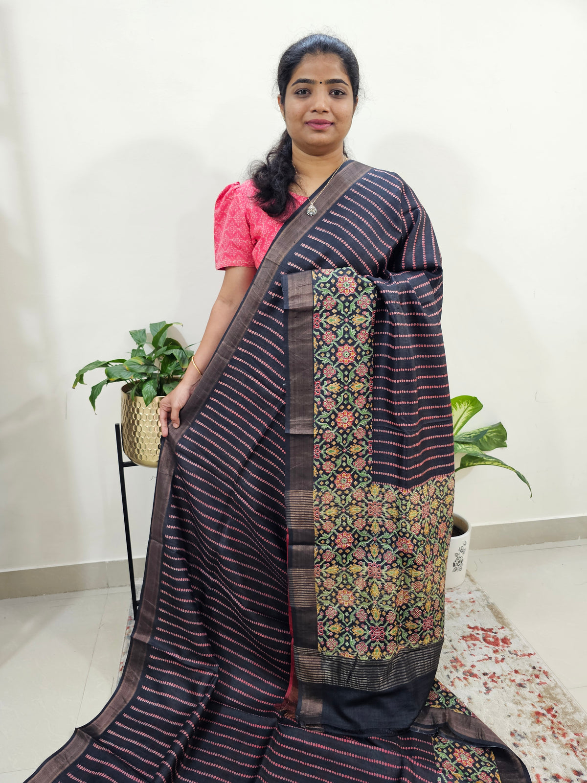 Desi Tussar - Black with Red