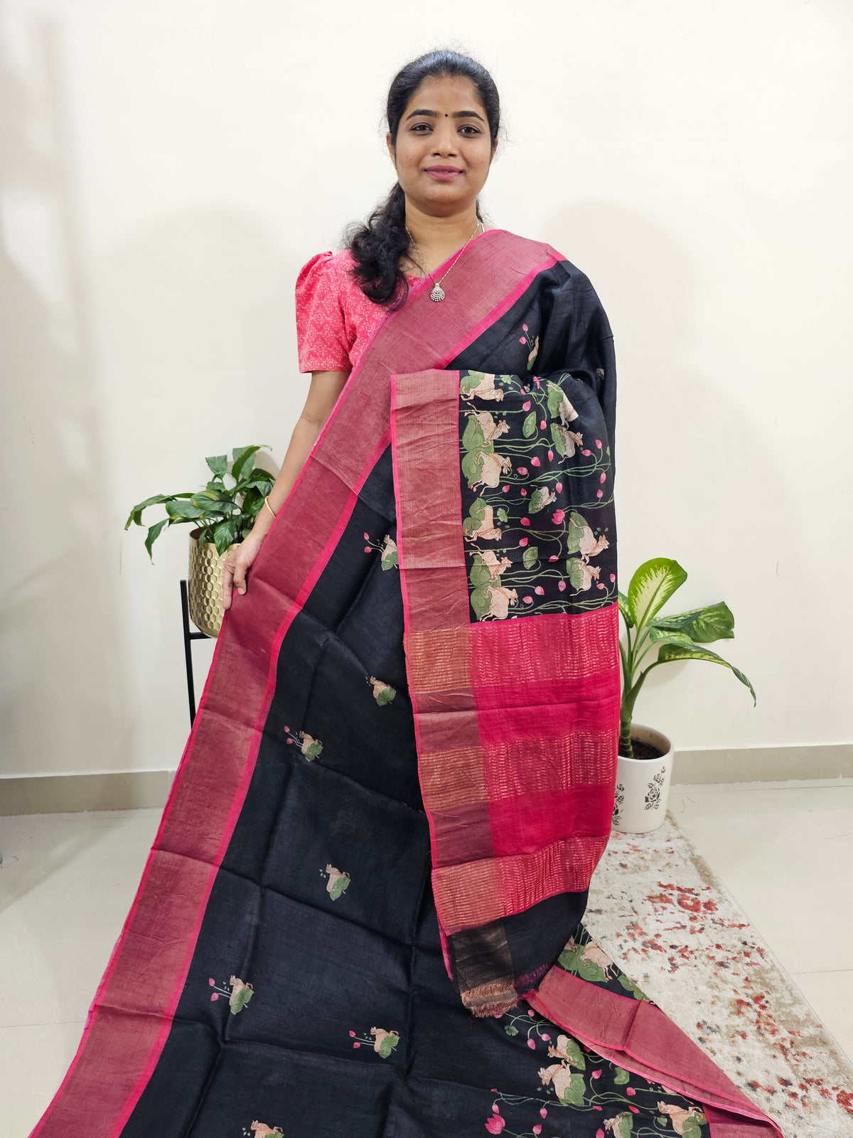 Desi Tussar - Black with Red