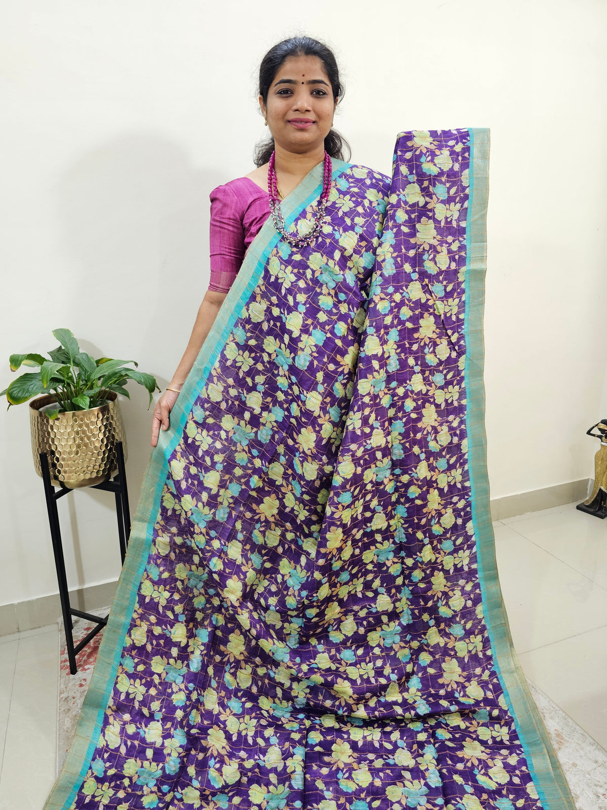 Tussar by Cotton Kalamkari- Violet with Sea Green