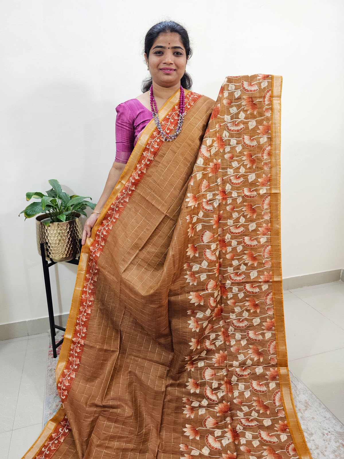 Tussar by Cotton Kalamkari- Mustard Yellow