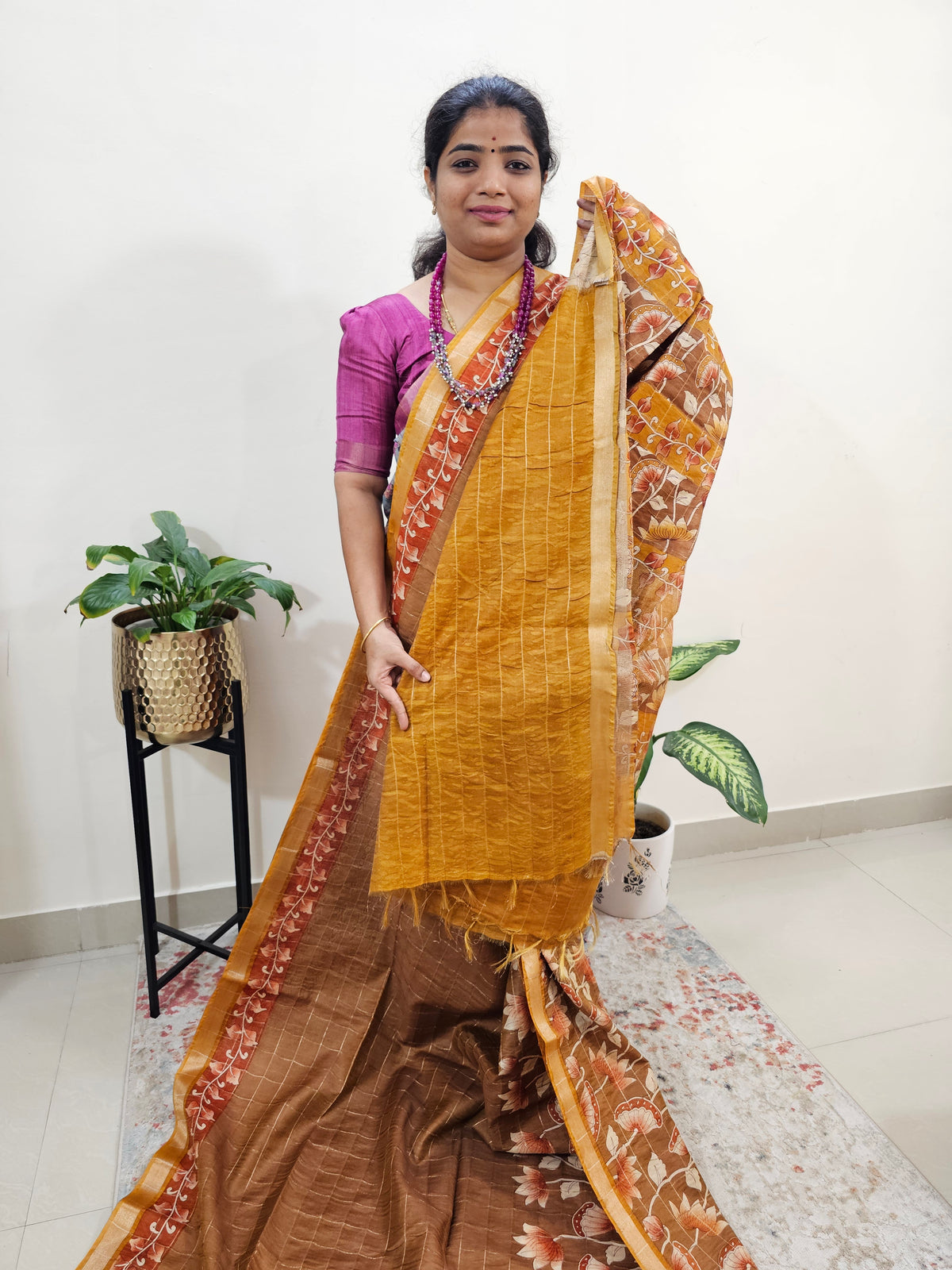 Tussar by Cotton Kalamkari- Mustard Yellow