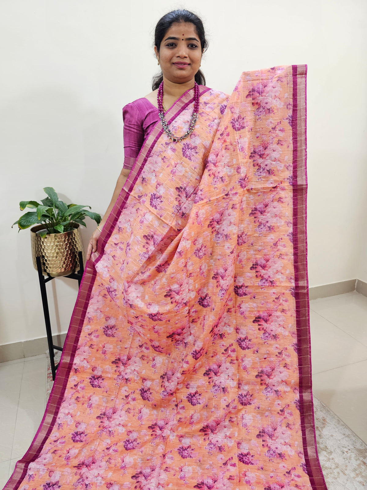 Tussar by Cotton Kalamkari- Peach with Pink