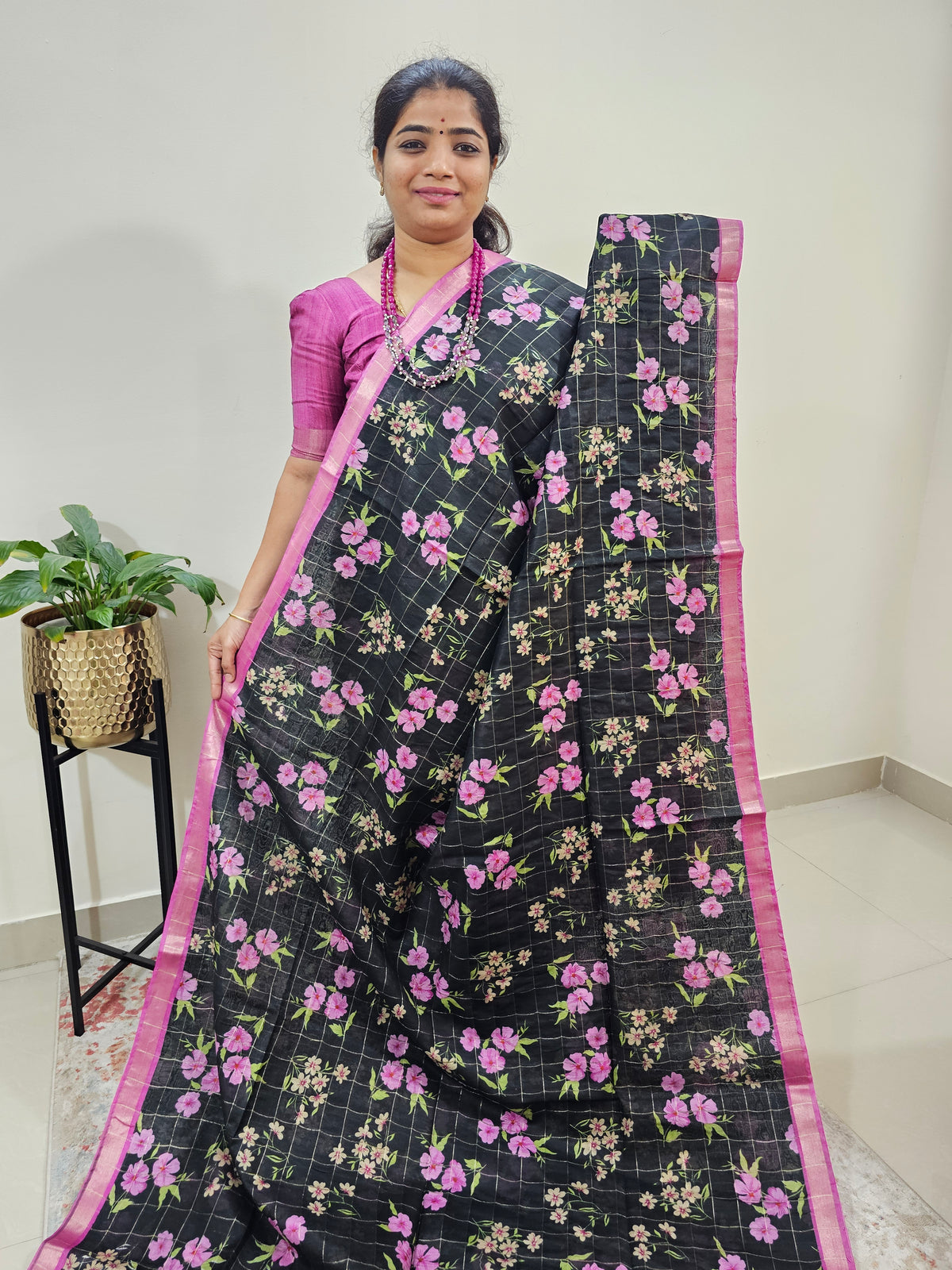 Tussar by Cotton Kalamkari- Black with Pink