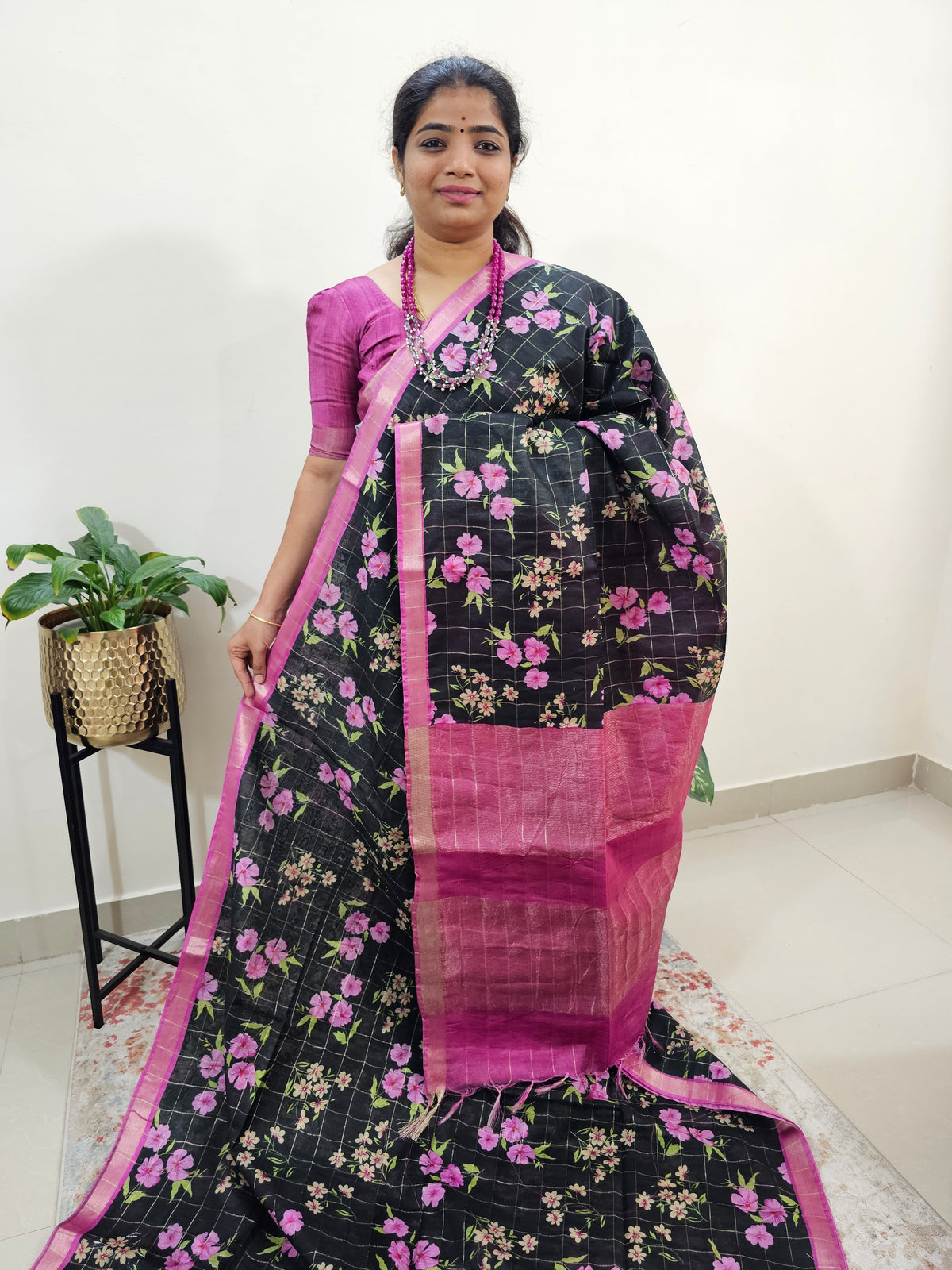 Tussar by Cotton Kalamkari- Black with Pink