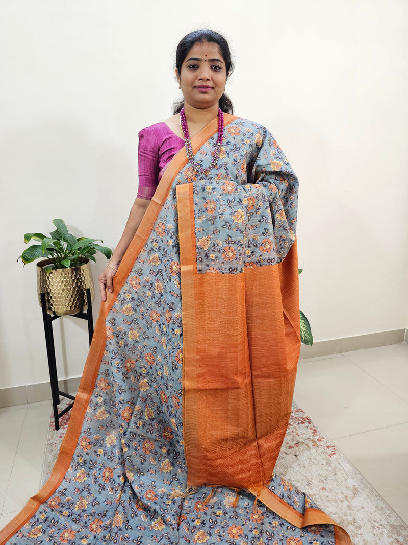 Tussar by Cotton Kalamkari- Grey with Orange