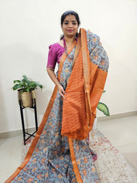 Tussar by Cotton Kalamkari- Grey with Orange