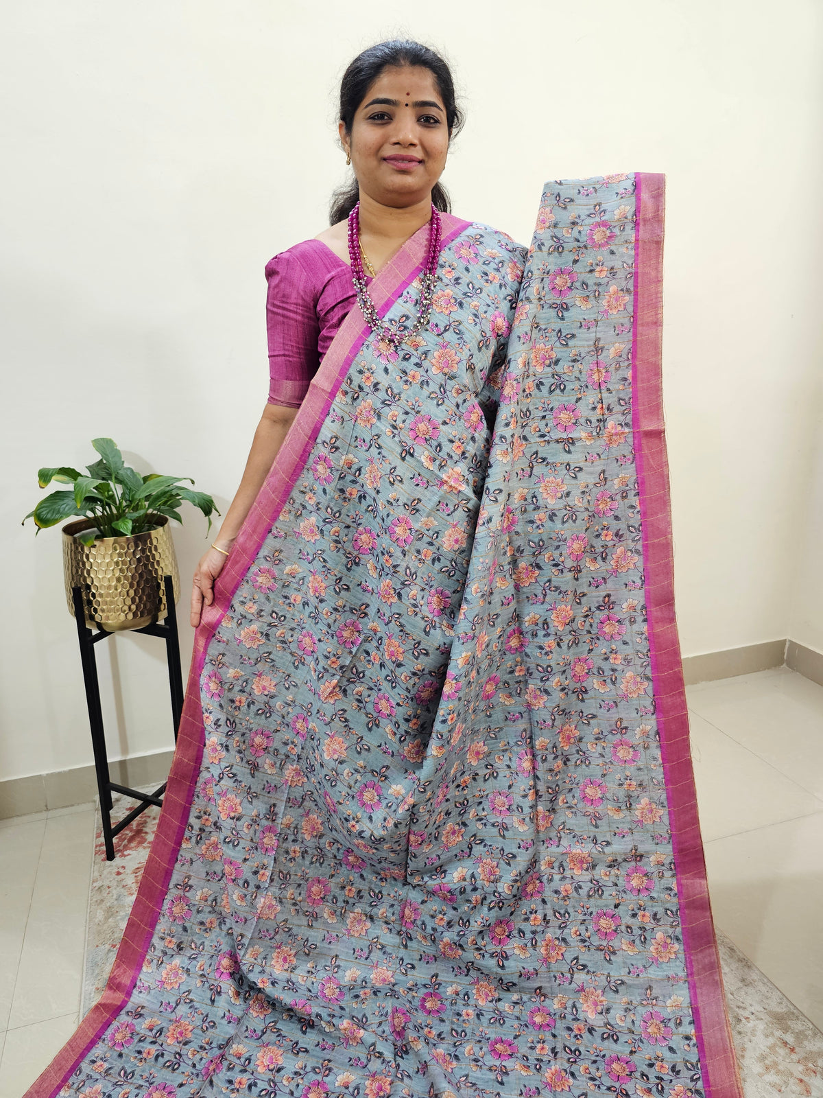 Tussar by Cotton Kalamkari- Grey with Pink