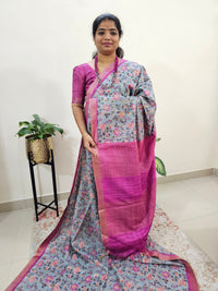 Tussar by Cotton Kalamkari- Grey with Pink