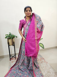 Tussar by Cotton Kalamkari- Grey with Pink