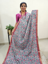 Tussar by Cotton Kalamkari- Grey with Magenta Pink