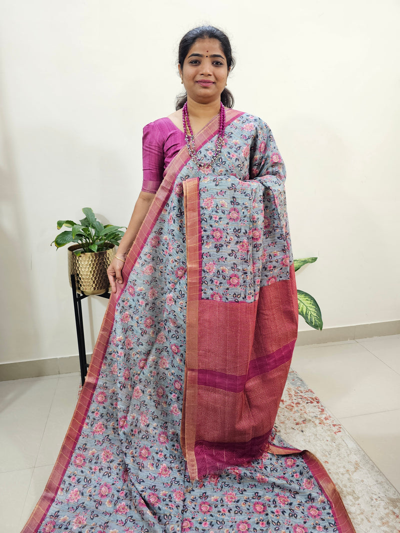 Tussar by Cotton Kalamkari- Grey with Magenta Pink