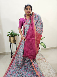 Tussar by Cotton Kalamkari- Grey with Magenta Pink