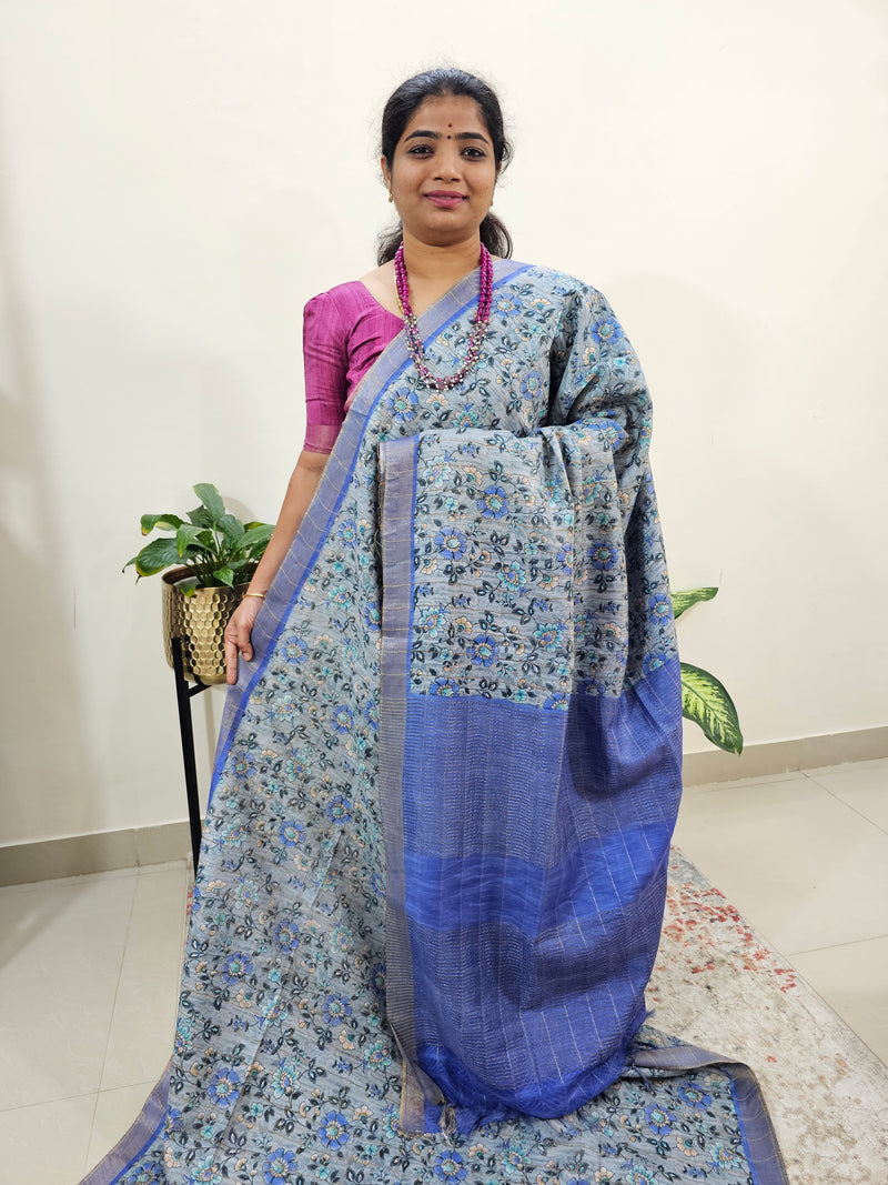 Tussar by Cotton Kalamkari- Grey with Blue