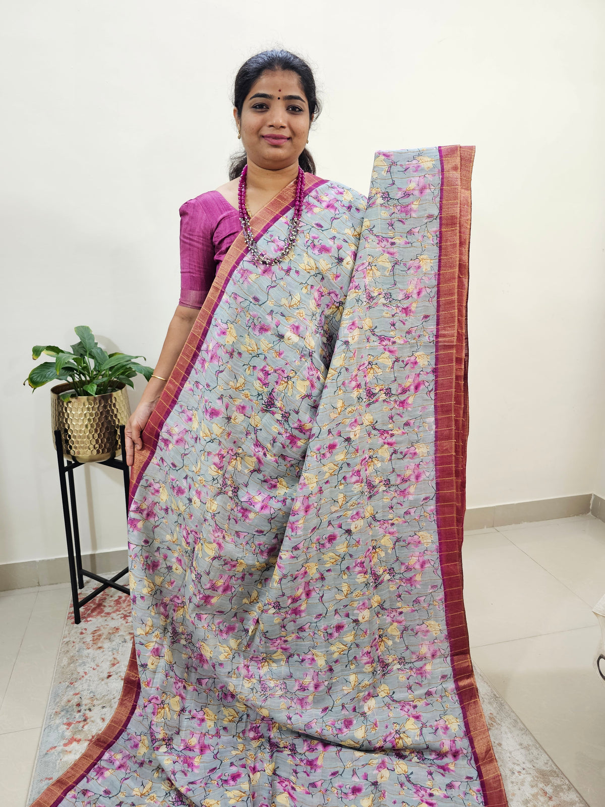 Tussar by Cotton Kalamkari- Grey with Magenta Pink