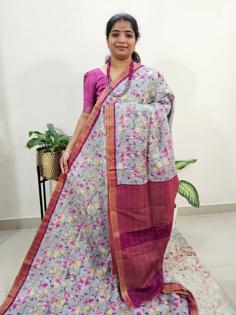 Tussar by Cotton Kalamkari- Grey with Magenta Pink