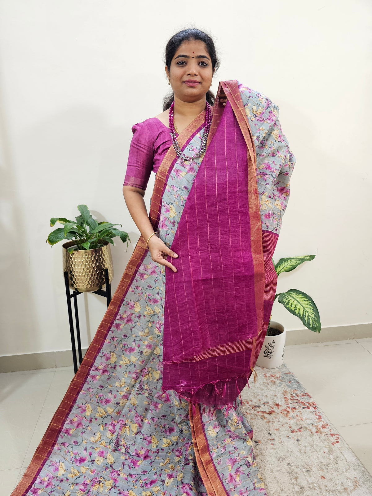 Tussar by Cotton Kalamkari- Grey with Magenta Pink