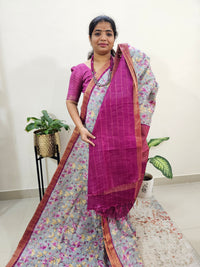 Tussar by Cotton Kalamkari- Grey with Magenta Pink