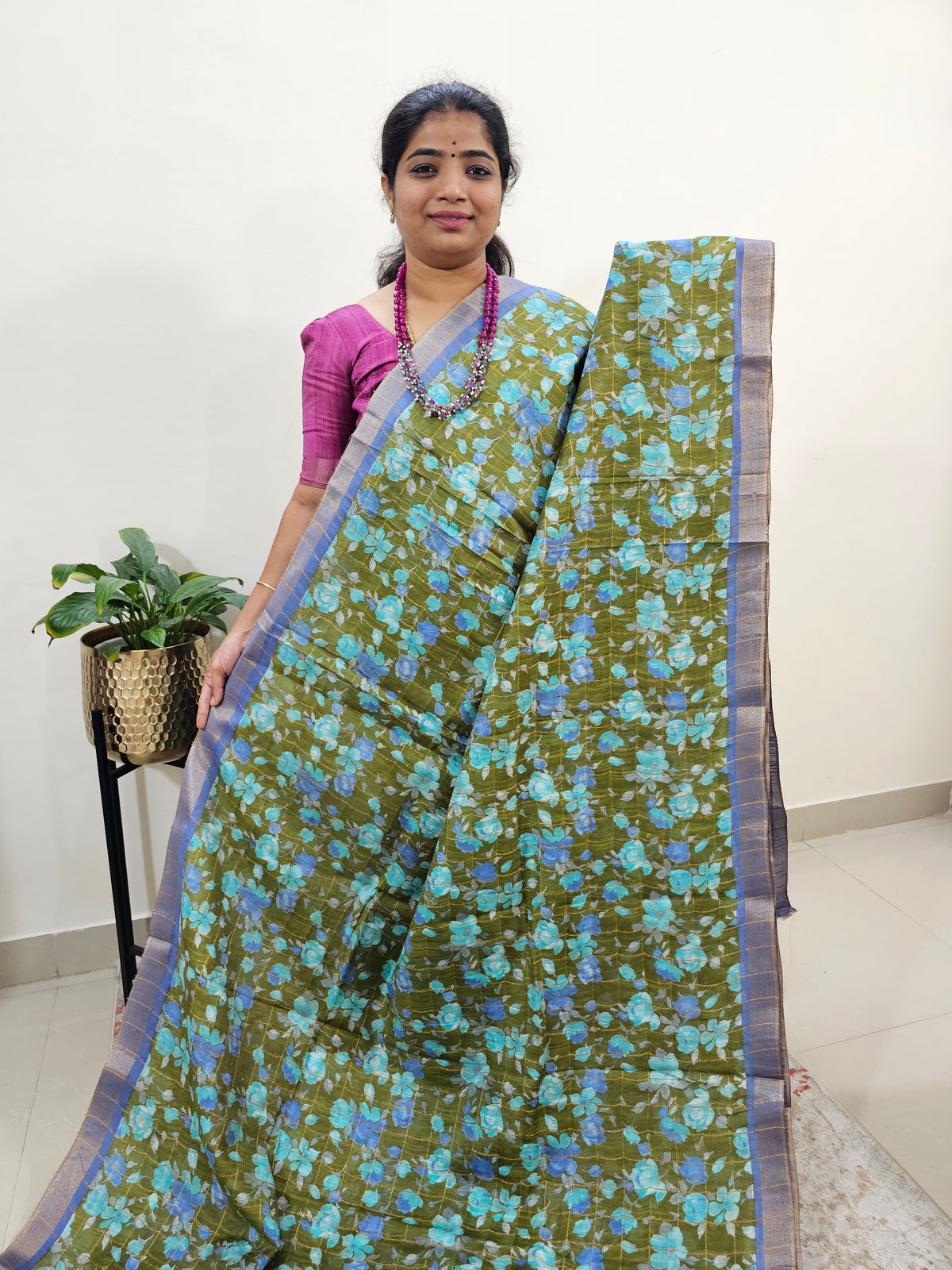 Tussar by Cotton Kalamkari- Green with Blue