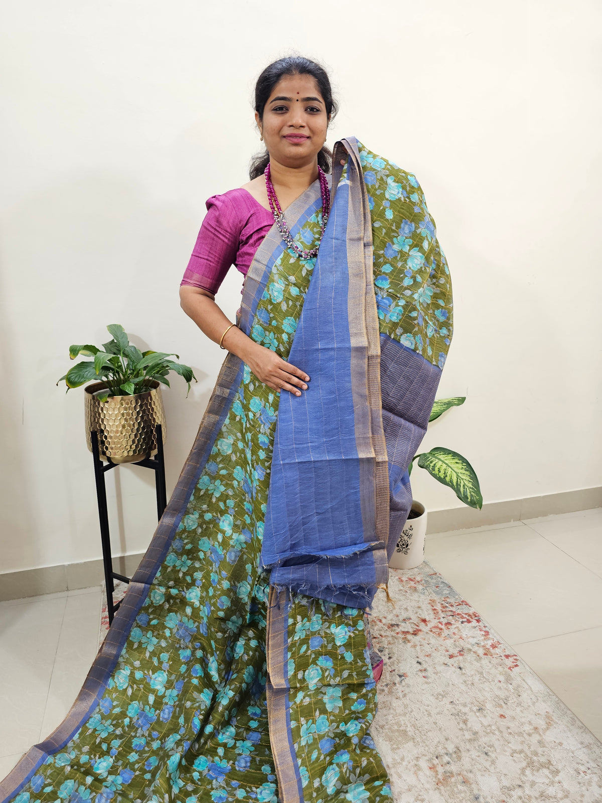 Tussar by Cotton Kalamkari- Green with Blue