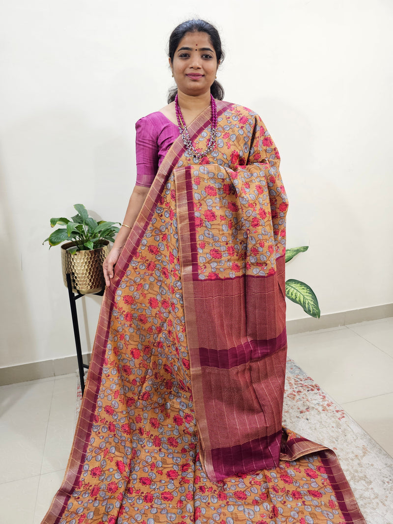 Tussar by Cotton Kalamkari- Mustard Yellow with Marron