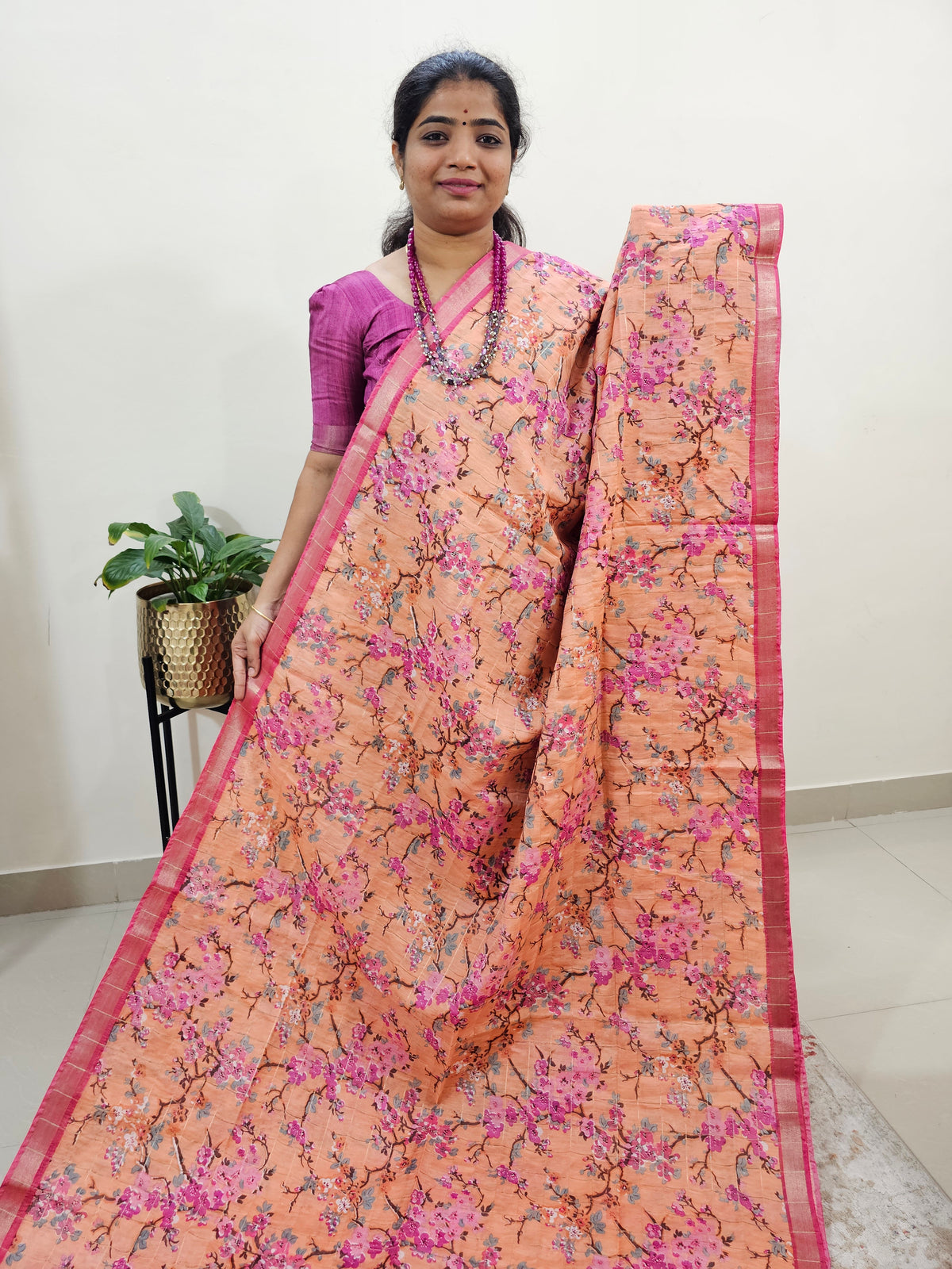 Tussar by Cotton Kalamkari- Peach with Pink