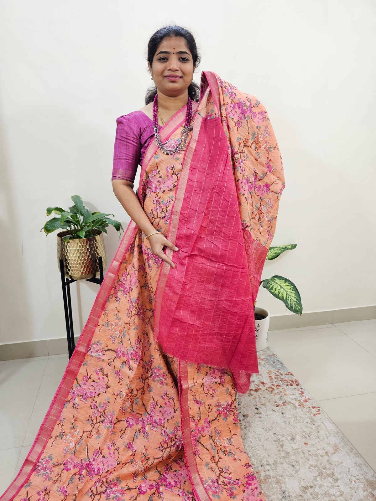 Tussar by Cotton Kalamkari- Peach with Pink