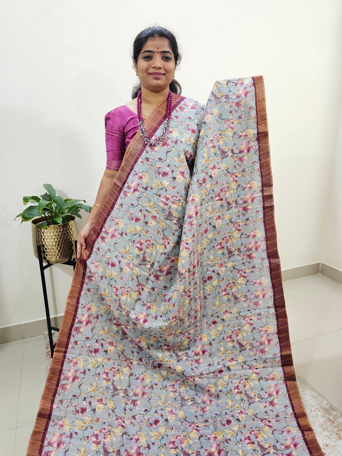 Tussar by Cotton Kalamkari- Grey with Maroon