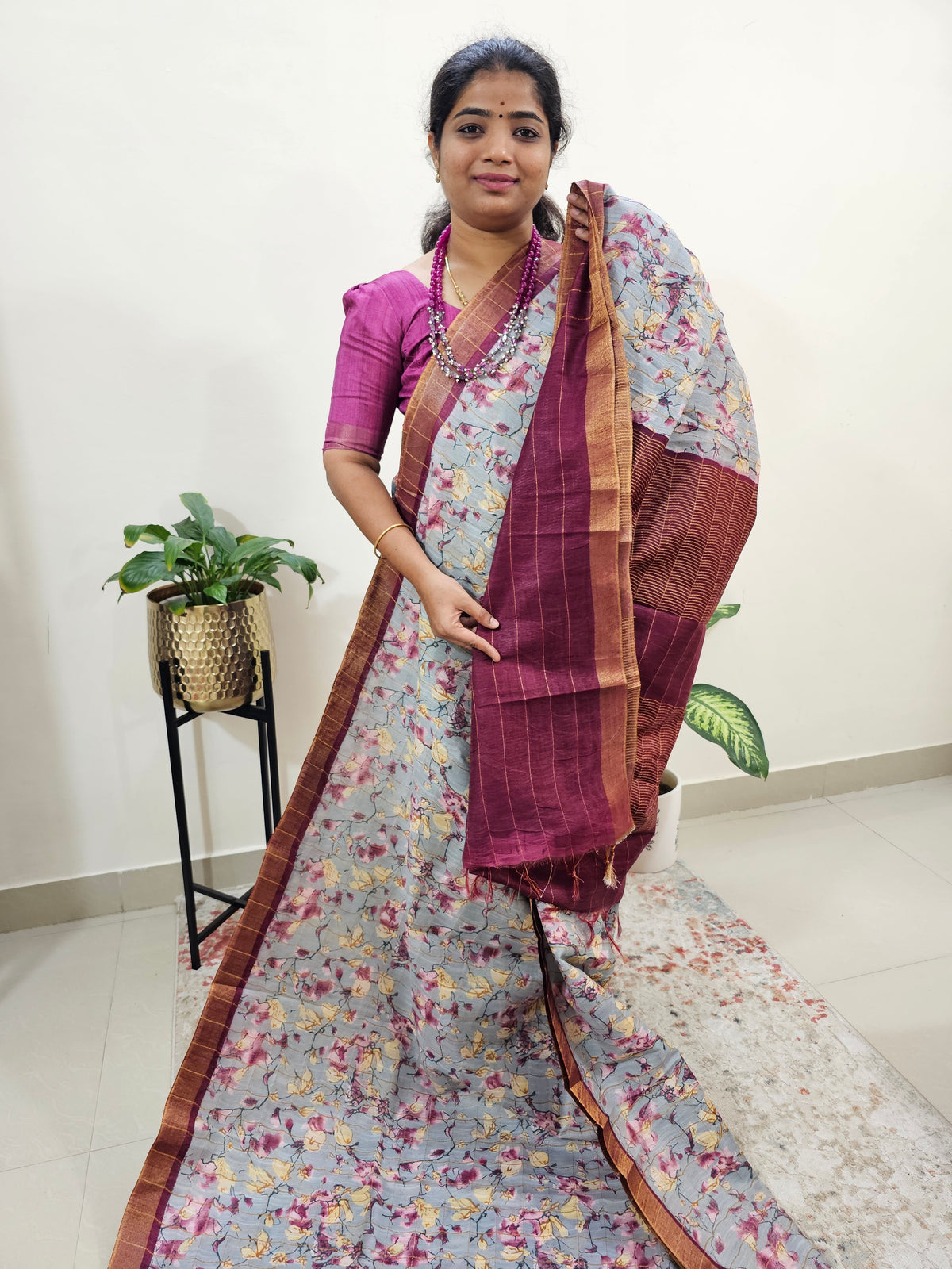 Tussar by Cotton Kalamkari- Grey with Maroon