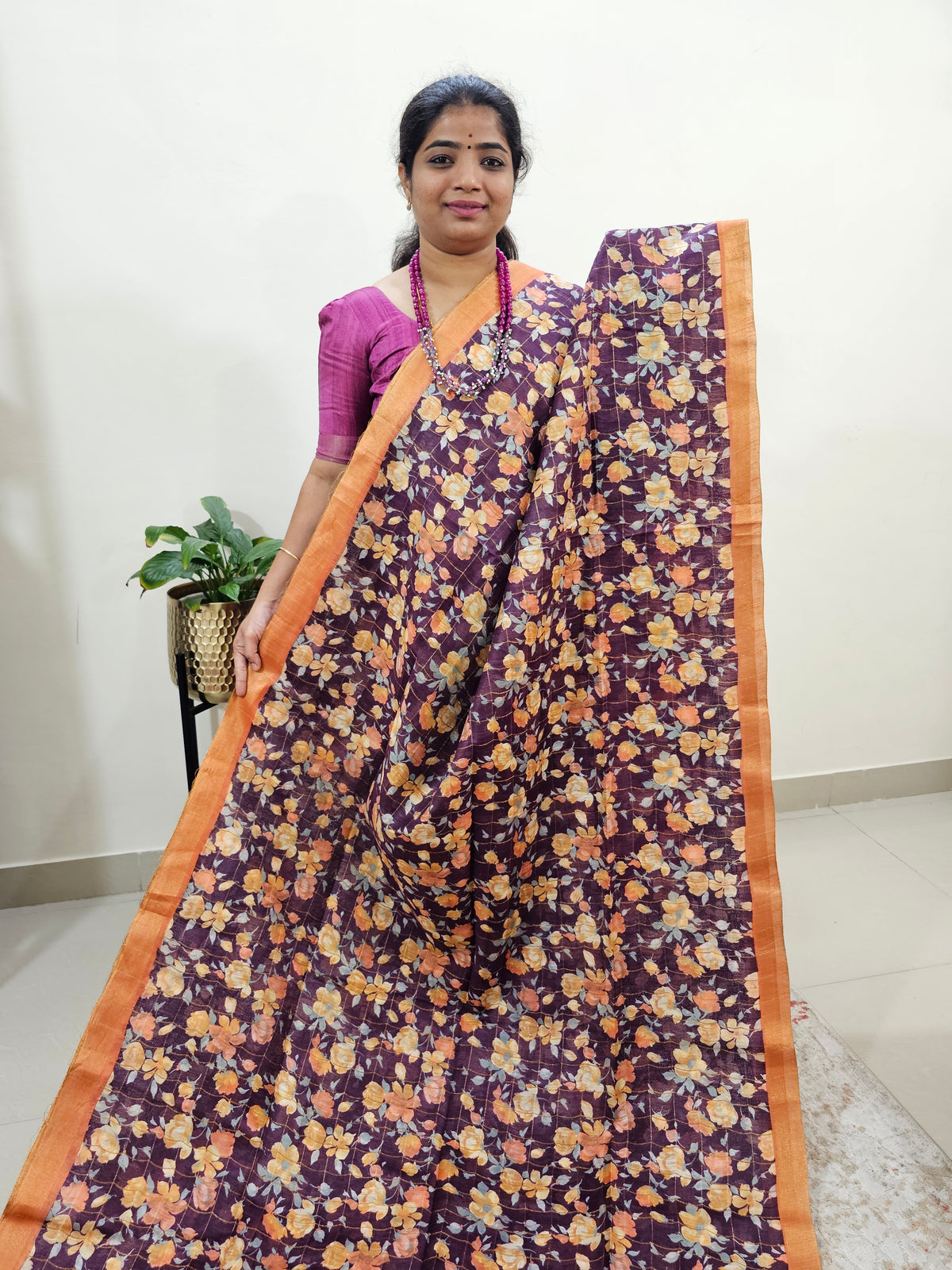 Tussar by Cotton Kalamkari- Maroon with Orange