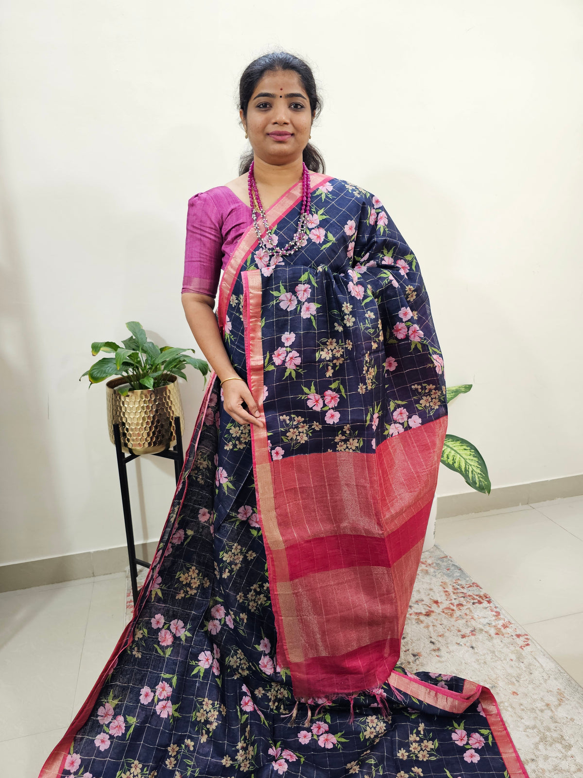 Tussar by Cotton Kalamkari- Blue with Pink