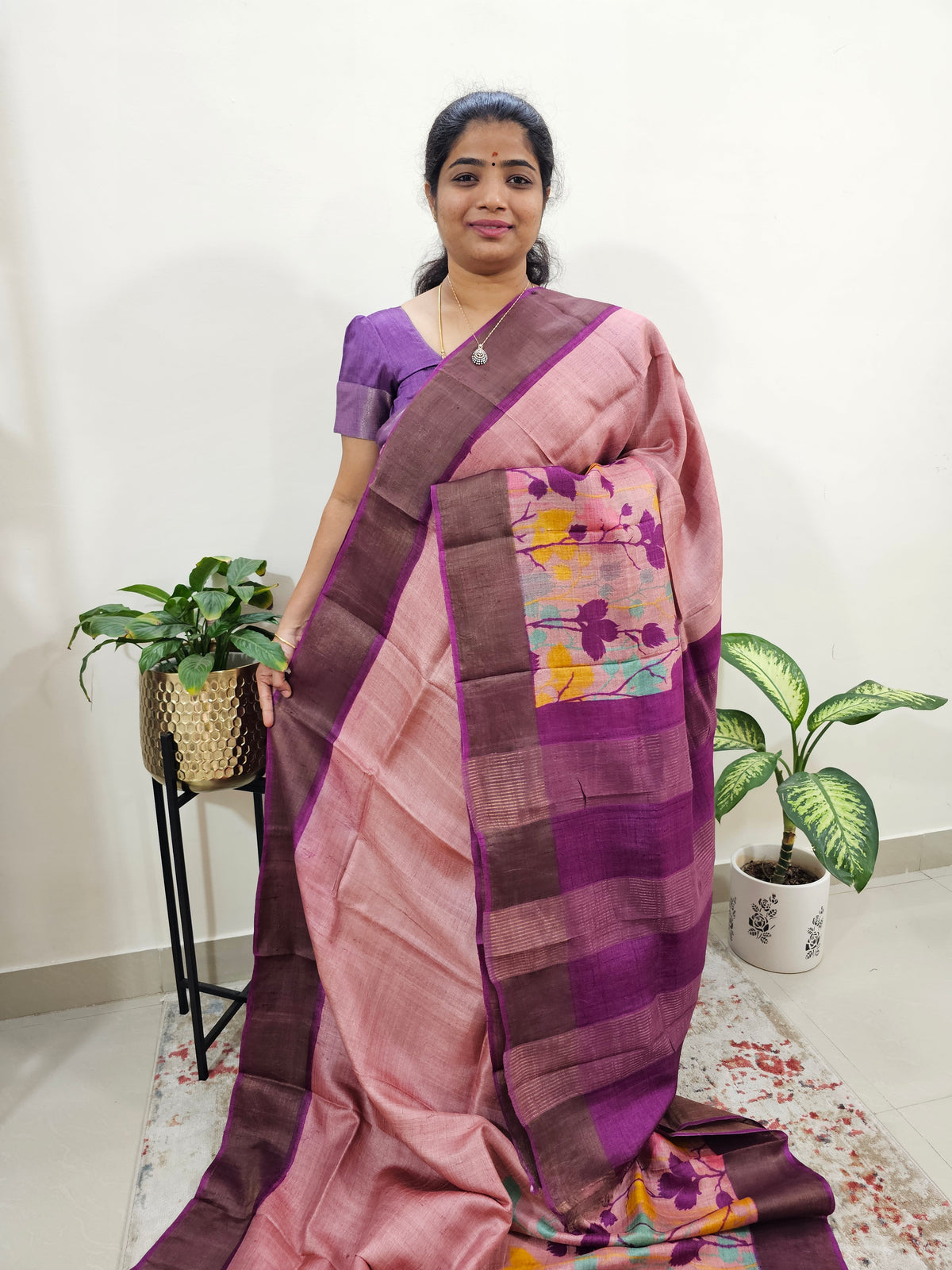 Pink with Magenta Pink Tussar Silk Saree with Zari Border