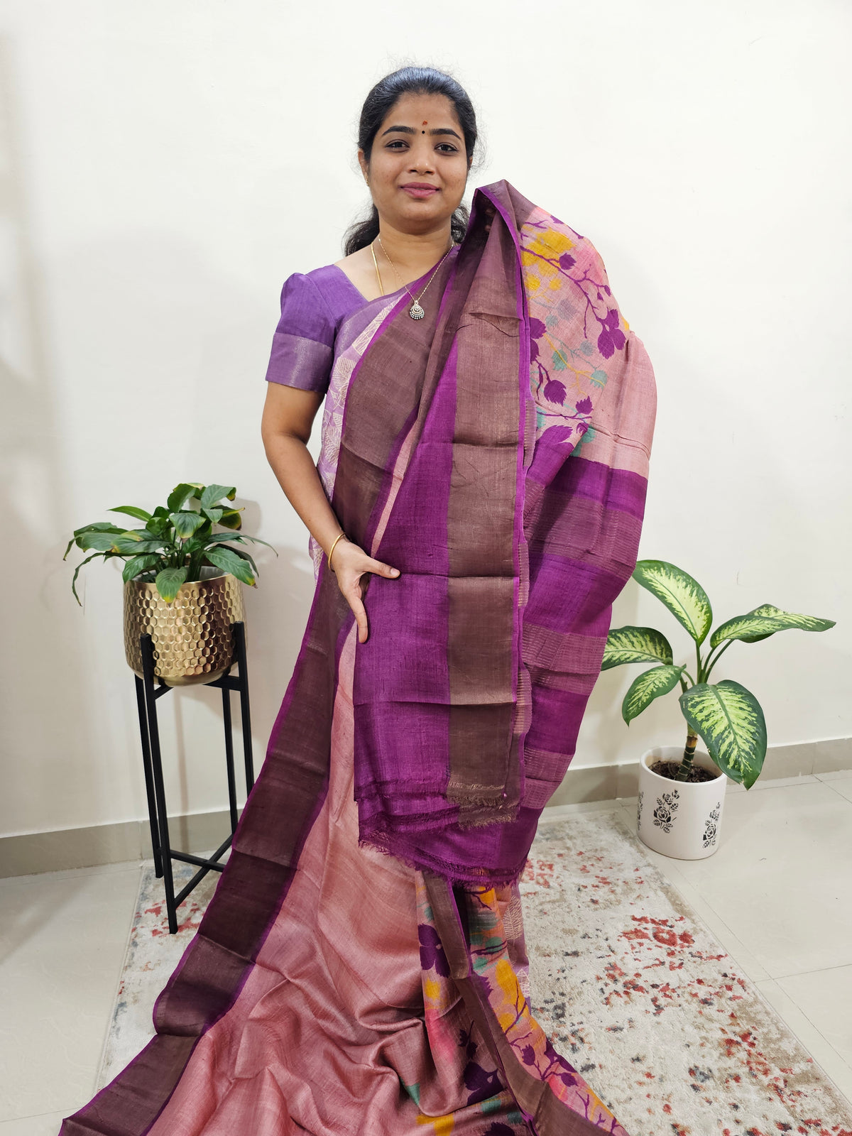 Pink with Magenta Pink Tussar Silk Saree with Zari Border