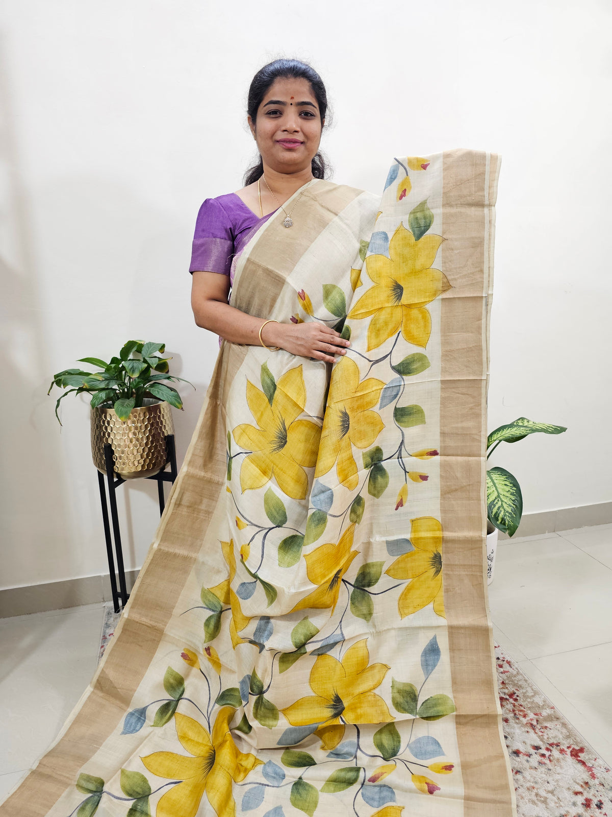 Hand Painted Cream with Yellow  Tussar Silk Saree with Zari Border