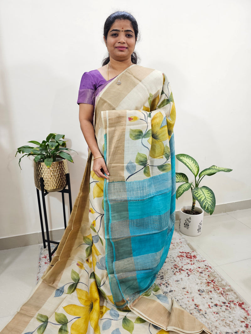 Hand Painted Cream with Yellow  Tussar Silk Saree with Zari Border