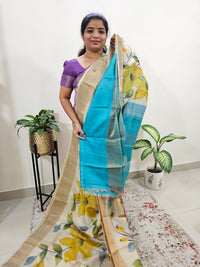 Hand Painted Cream with Yellow  Tussar Silk Saree with Zari Border