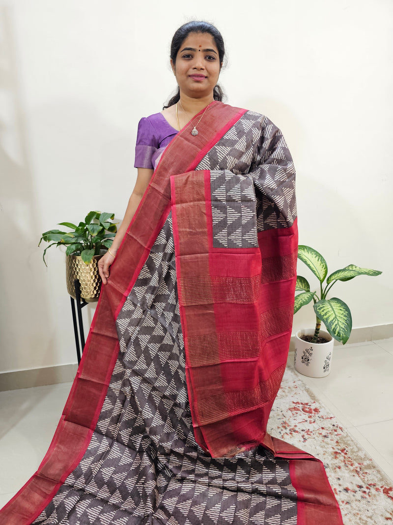 Brown with Red Tussar Silk Saree with Zari Border