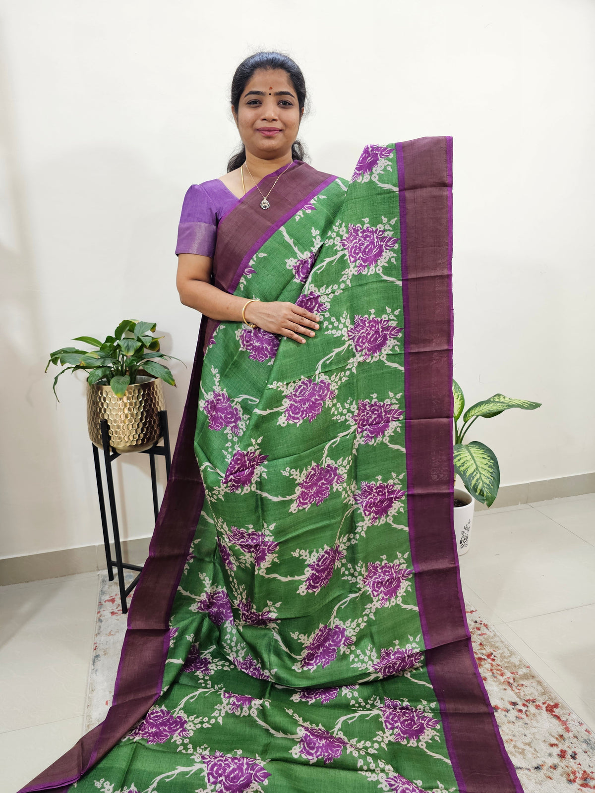 Green with Purple Tussar Silk Saree with Zari Border