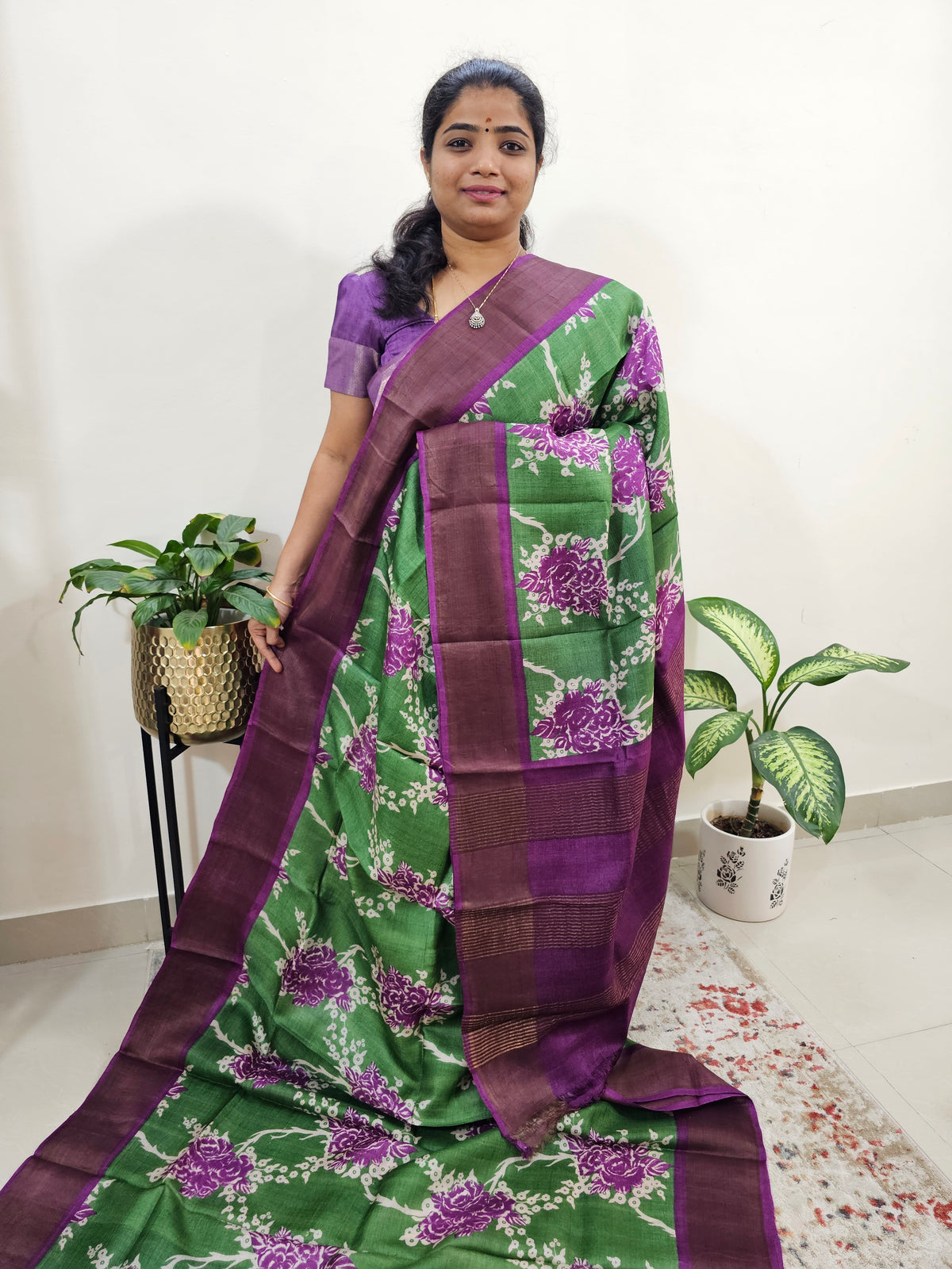 Green with Purple Tussar Silk Saree with Zari Border