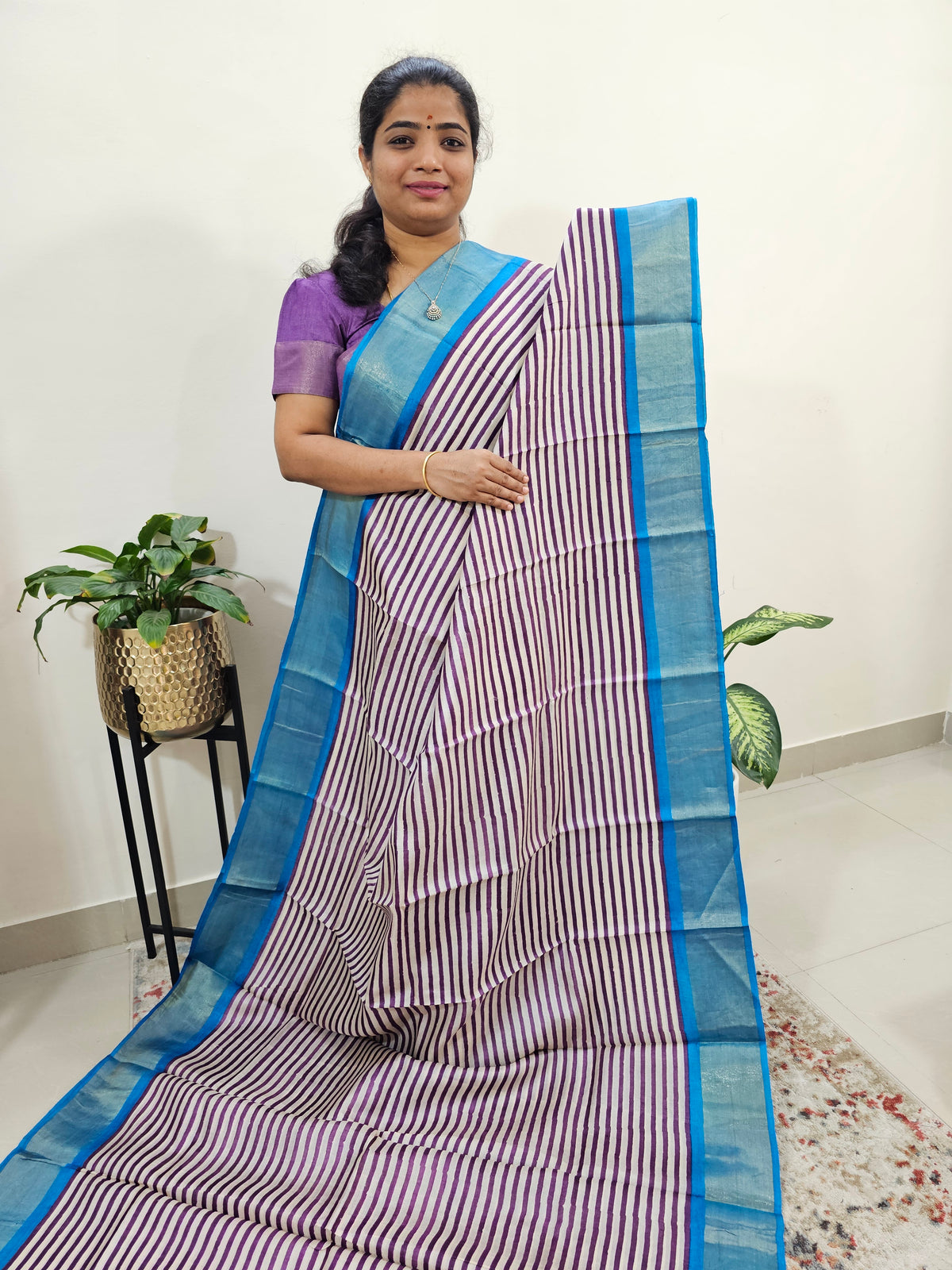 Purple with Blue Stripe Tussar Silk Saree with Zari Border