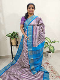 Purple with Blue Stripe Tussar Silk Saree with Zari Border