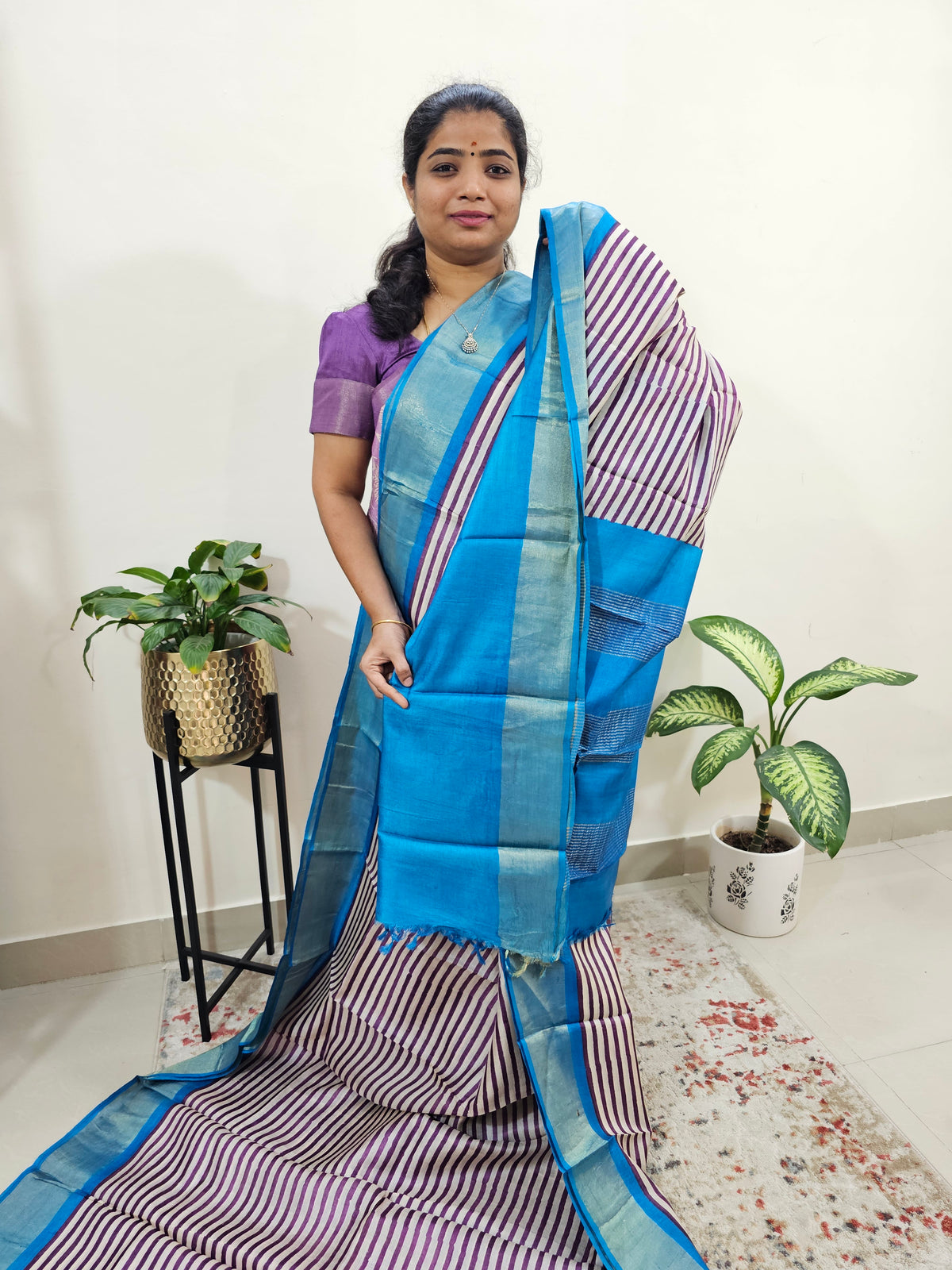 Purple with Blue Stripe Tussar Silk Saree with Zari Border