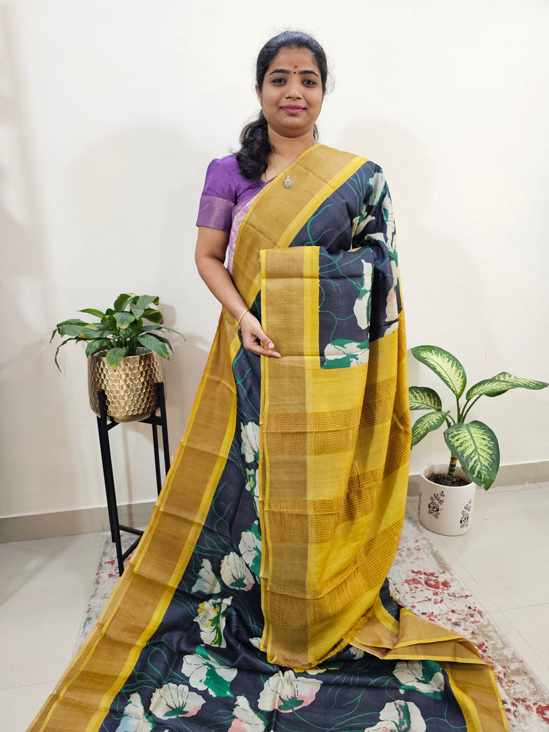 Black with Mustard Yellow Tussar Silk Saree with Zari Border