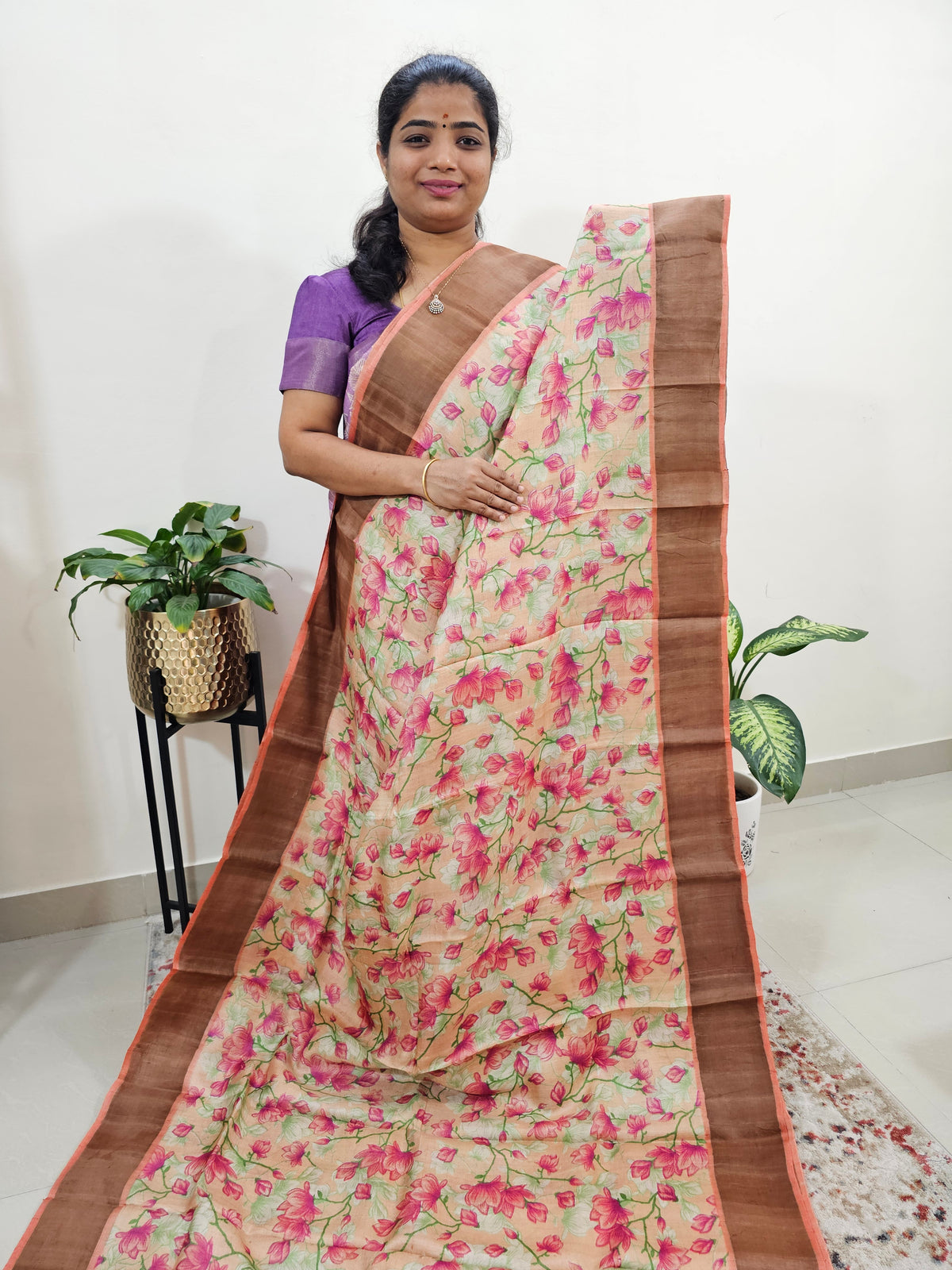 Cream with Orange Tussar Silk Saree with Zari Border