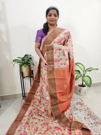 Cream with Orange Tussar Silk Saree with Zari Border