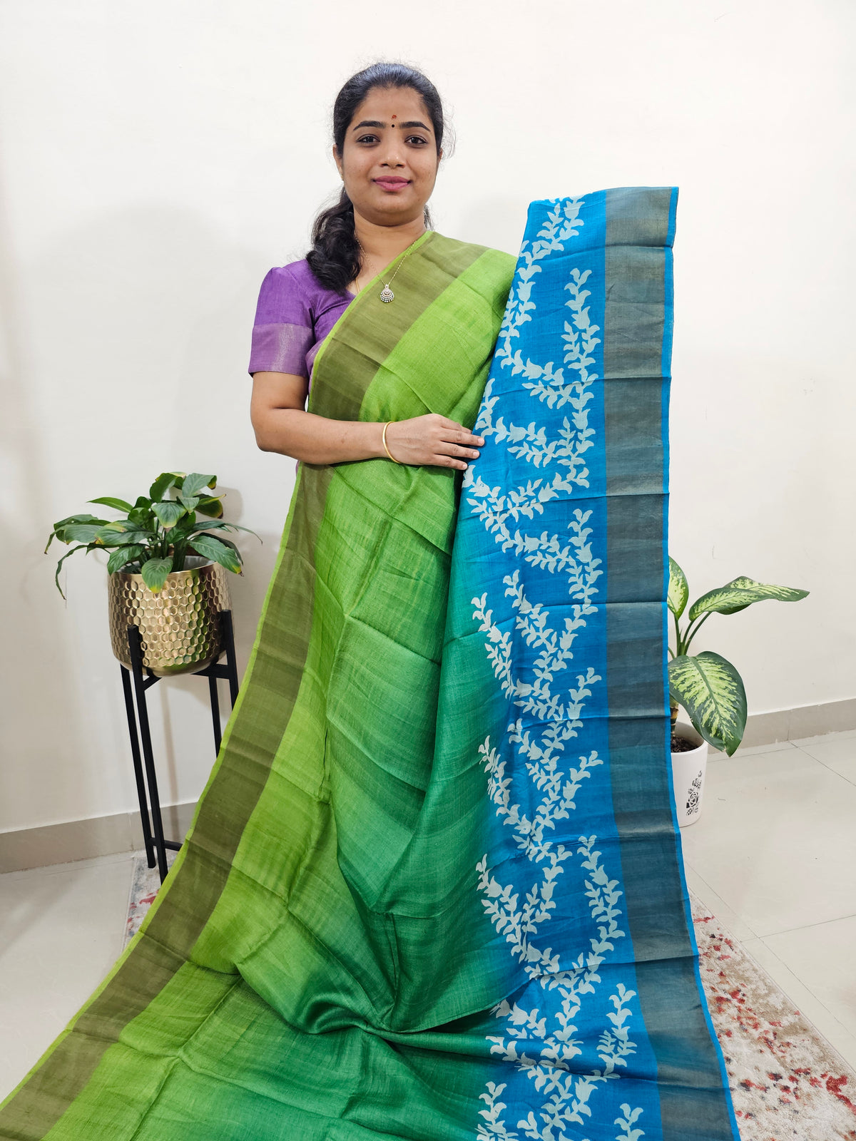 Green with Blue Leaf Tussar Silk Saree with Zari Border