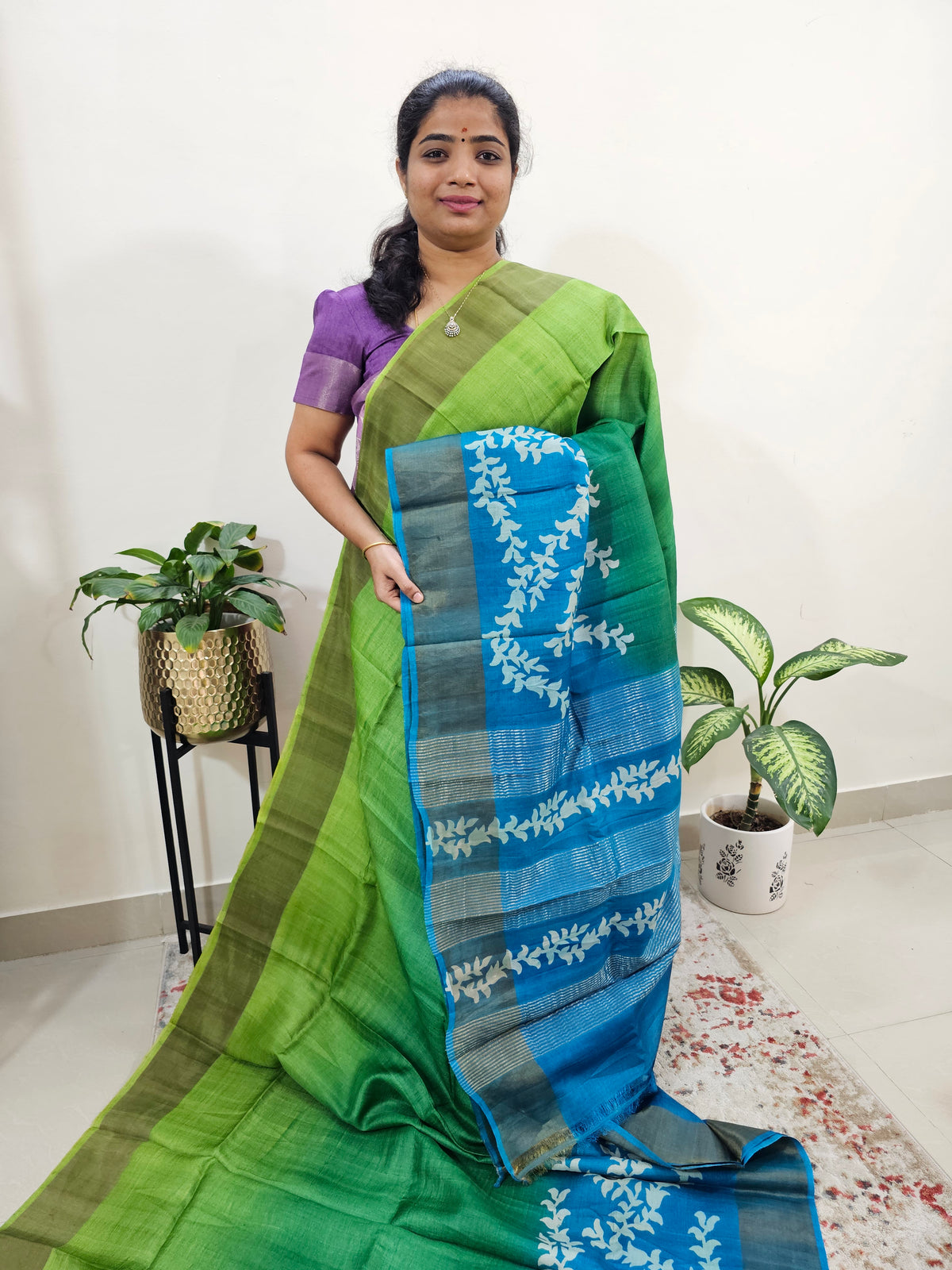 Green with Blue Leaf Tussar Silk Saree with Zari Border